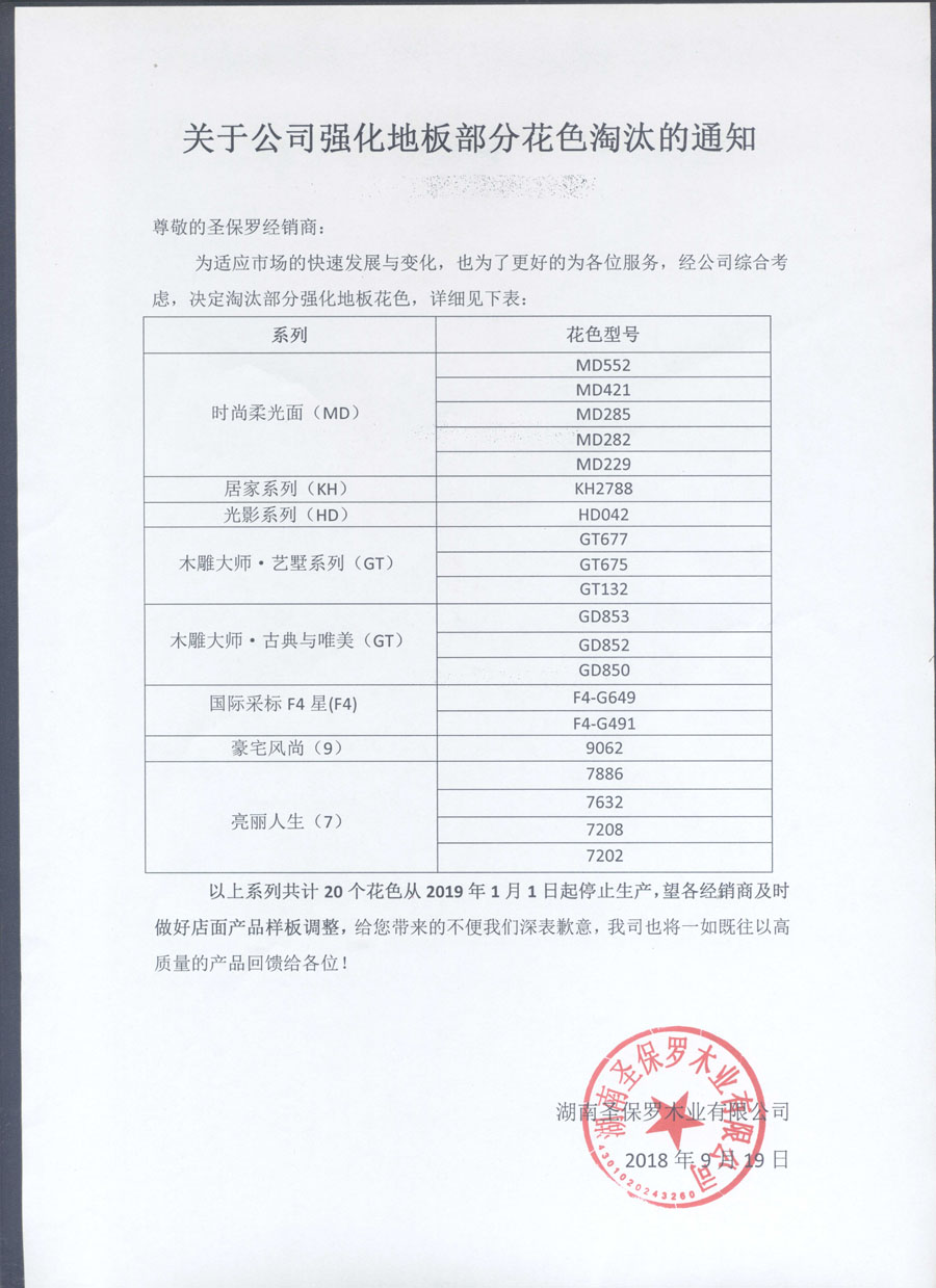 關(guān)于公司強(qiáng)化地板部分花色淘汰通知